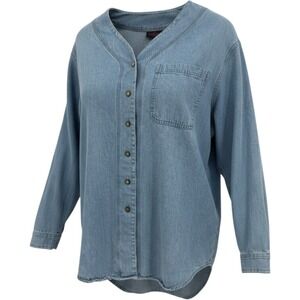 Giorgio Sant'Angelo Denim Shirt Women Blue Light Wash Collarless Scoop Neck Top